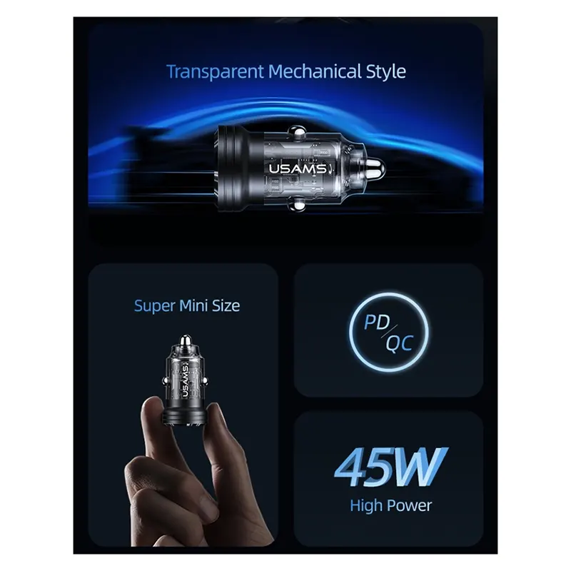Φορτιστής Αυτοκινήτου 45W USB-C & USB-A Διαφανής USAMS US-CC175 Φορτιστής Αυτοκινήτου 45W USB-C & USB-A Διαφανής USAMS US-CC175