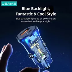 Φορτιστής Αυτοκινήτου Διαφανής Μπλε 30W USB-C & USB-A PD/QC Car Phone Charger USAMS CC164