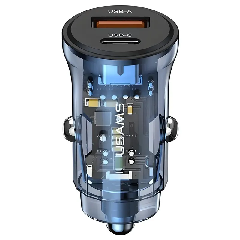 Φορτιστής Αυτοκινήτου Διαφανής Μπλε 30W USB-C & USB-A με PD/QC USAMS CC164