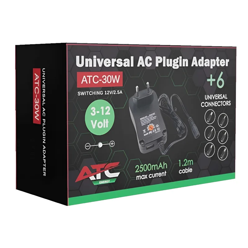 Τροφοδοτικό Universal 30W 3V–12V 2.5A Με 6 Κεφαλές & USB 5V/2.1A ATC-30W