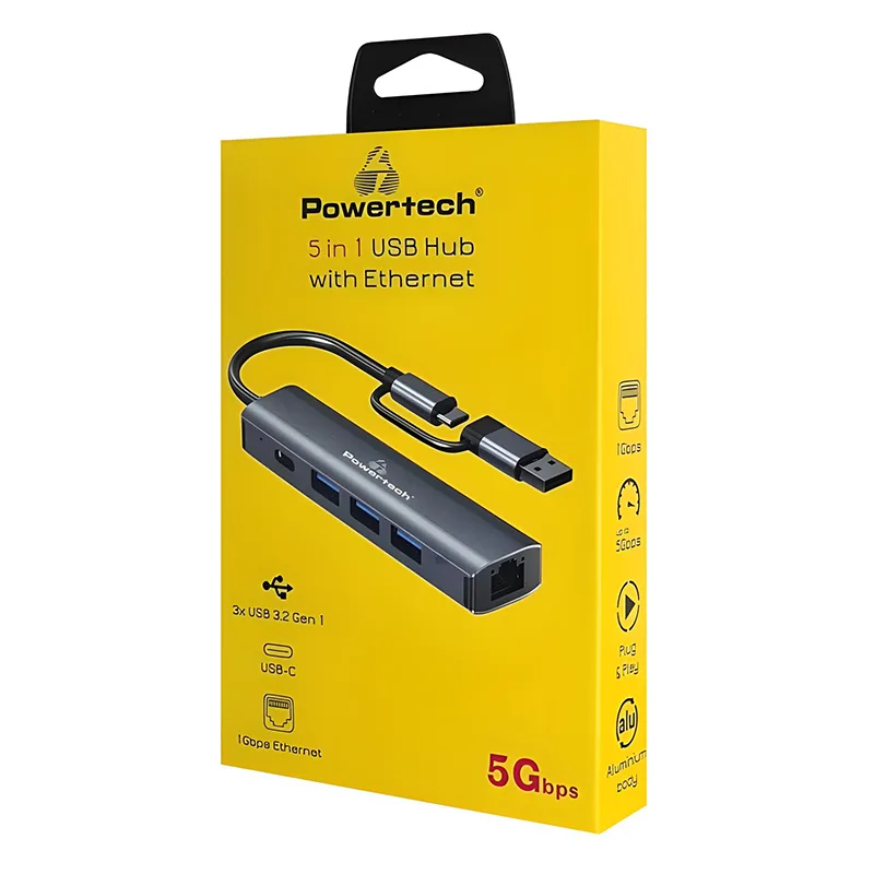 USB Hub 4 Θυρών 3.2 Με Ethernet USB-A Type-C Powertech PTR-0150 USB Hub 4 Θυρών 3.2 Με Ethernet USB-A Type-C Powertech PTR-0150