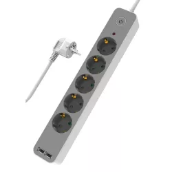 Πολύπριζο Ασφαλείας 5 Schuko & 2 USB 1.4m Λευκό Powertech PT-1059