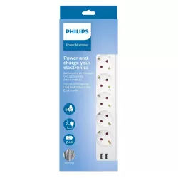 Πολύπριζο Ασφαλείας 5 Θέσεις Schuko & 2 USB 2.4A 2m Λευκό Philips SPN3052WA