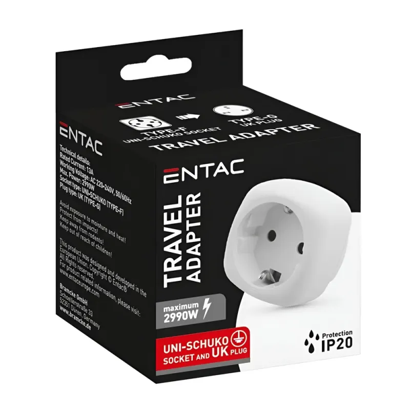 Αντάπτορας Ταξιδιού UK Σε EU Με Θύρα Schuko 2990W Λευκό Entac