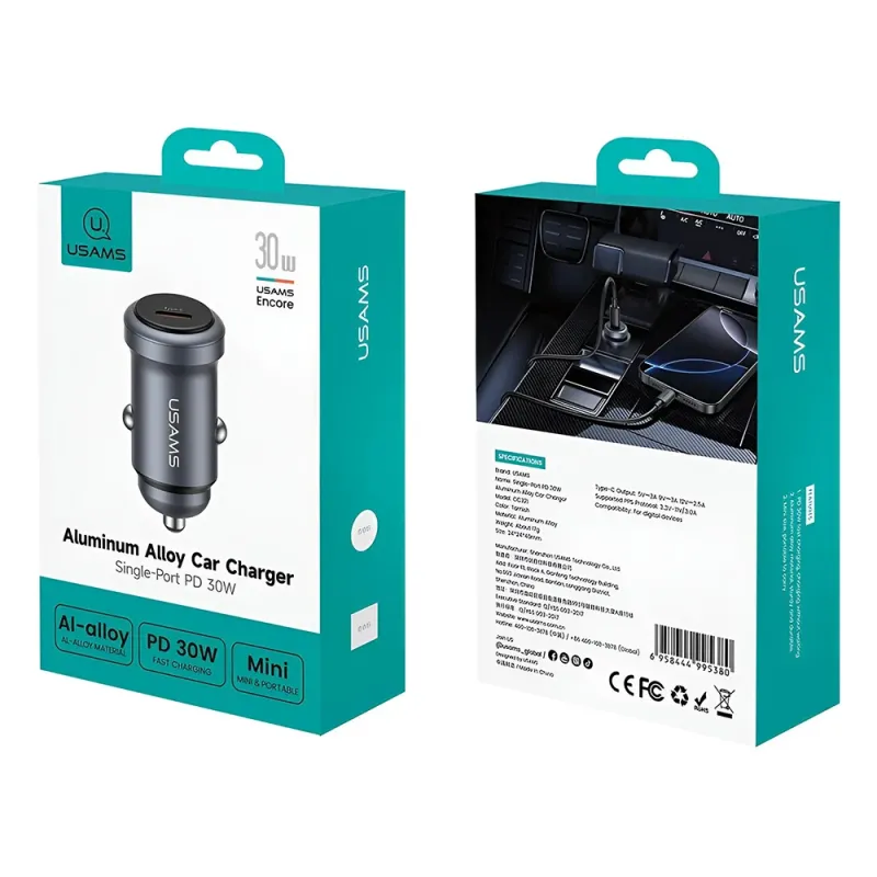 Φορτιστής Αυτοκινήτου USB-C 30W PD PPS 12V 24V Αλουμινίου Γκρι USAMS CC321