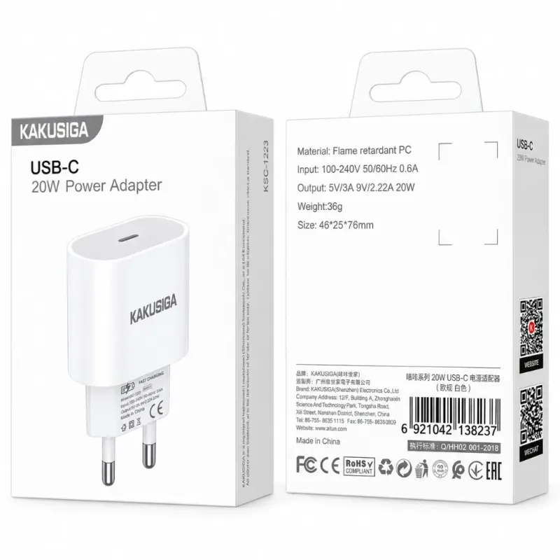 Φορτιστής Κινητού USB-C 20W Γρήγορης Φόρτισης Λευκός Kakusiga KSC-1223 Φορτιστής Κινητού USB-C 20W Γρήγορης Φόρτισης Λευκός Kakusiga KSC-1223