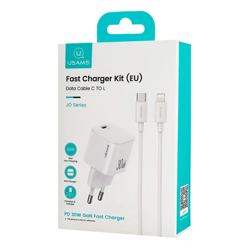 Φορτιστής Κινητού USB-C 30W Γρήγορης Φόρτισης GaN Με Καλώδιο Lightning Λευκός USAMS CC262