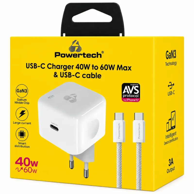 Φορτιστής Κινητού USB-C 60W Γρήγορης Φόρτισης GaN3 PD 3.2 AVS Με Καλώδιο USB-C Powertech PT-1581 Φορτιστής Κινητού USB-C 60W Γρήγορης Φόρτισης GaN3 PD 3.2 AVS Με Καλώδιο USB-C Powertech PT-1581