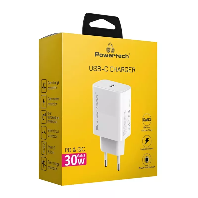 Φορτιστής Κινητού USB-C 30W Γρήγορης Φόρτισης PD QC3.0 GaN Λευκός Powertech PT-1043