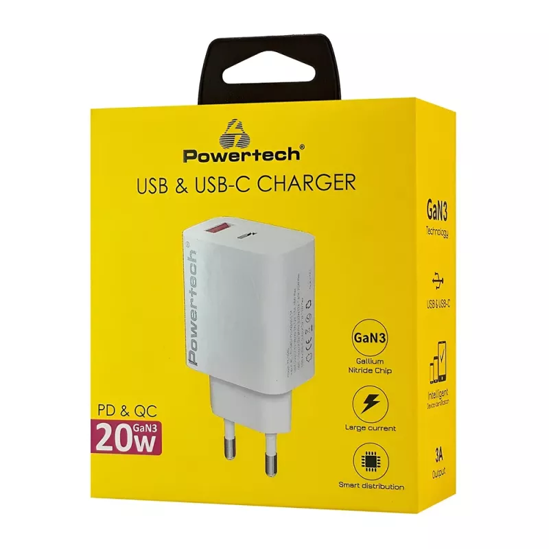 Φορτιστής Κινητού USB-C USB-A 20W Γρήγορης Φόρτισης GaN Λευκός Powertech PT-1437