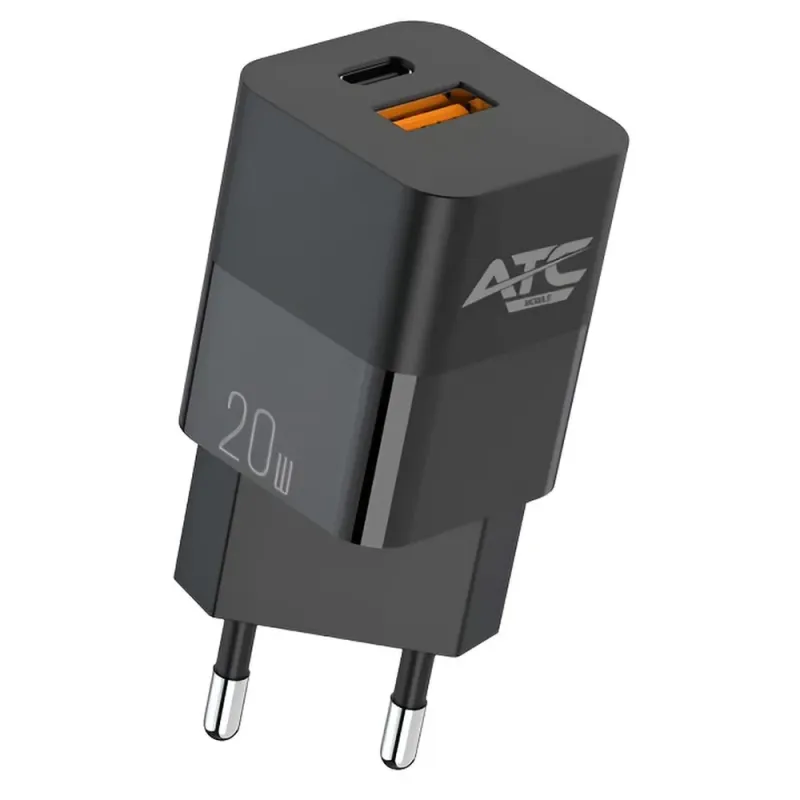 Φορτιστής Κινητού USB-C USB-A 20W Γρήγορης Φόρτισης PD QC Μαύρο ATC CHF5B Mini