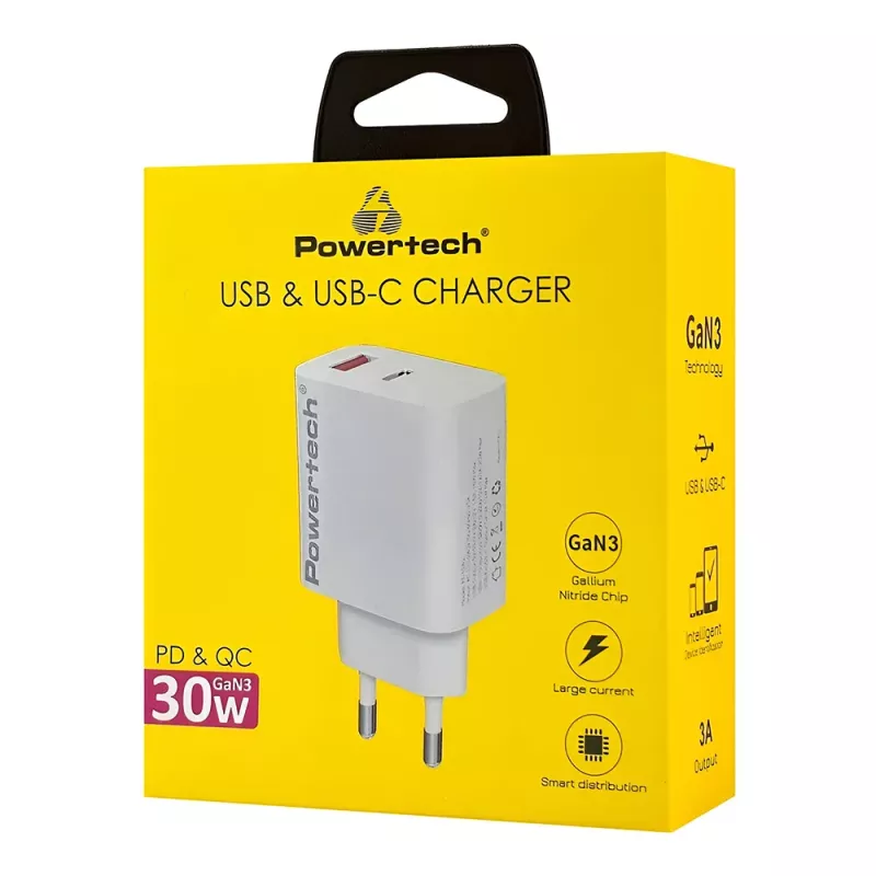 Φορτιστής Κινητού USB-C USB-A 30W Γρήγορης Φόρτισης GaN Powertech PT-1433
