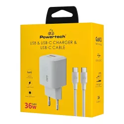 Φορτιστής Κινητού USB-C USB-A 36W Γρήγορης Φόρτισης Με Καλώδιο USB-C GaN Λευκός Powertech PT-1351 Φορτιστής Κινητού USB-C USB-A 36W Γρήγορης Φόρτισης Με Καλώδιο USB-C GaN Λευκός Powertech PT-1351
