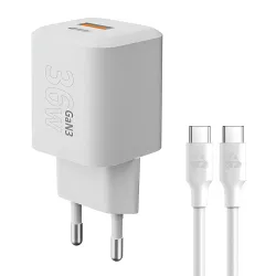 Φορτιστής Κινητού USB-C USB-A 36W Γρήγορης Φόρτισης Με Καλώδιο USB-C GaN Λευκός Powertech PT-1351