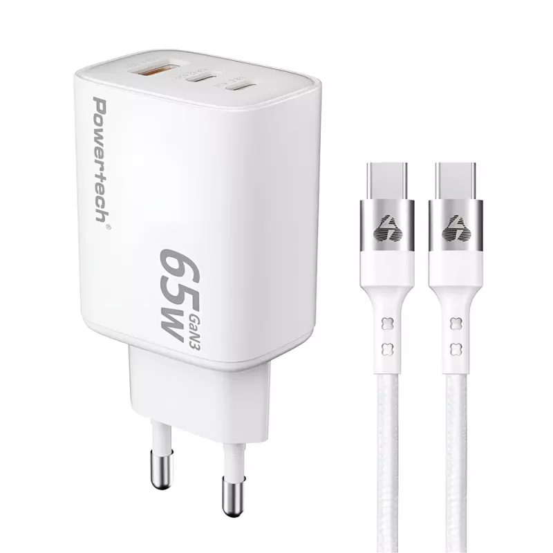 Φορτιστής Τοίχου GaN 65W USB & 2x USB-C με Καλώδιο Λευκός POWERTECH PT-1415