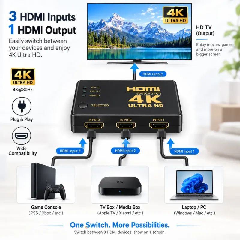 HDMI Switch 4K 3 Σε 1 Με Τηλεχειριστήριο Για TV - Console - TV Box HDMI Switch 4K 3 Σε 1 Με Τηλεχειριστήριο Για TV - Console - TV Box