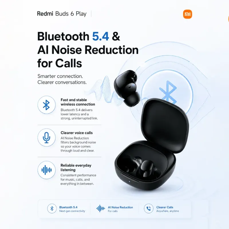 Handsfree Ακουστικά Bluetooth Με Θήκη Φόρτισης Μαύρα Xiaomi Redmi Buds 6 Play