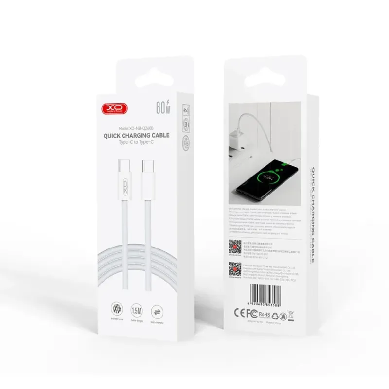 Καλώδιο Φόρτισης USB-C Σε USB-C 60W 1m Λευκό XO NB-Q260A