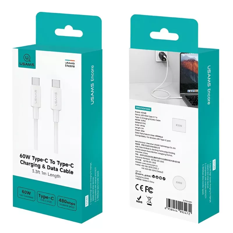 Καλώδιο Φόρτισης USB-C σε USB-C 60W 1m Λευκό USAMS SJ763 Καλώδιο Φόρτισης USB-C σε USB-C 60W 1m Λευκό USAMS SJ763