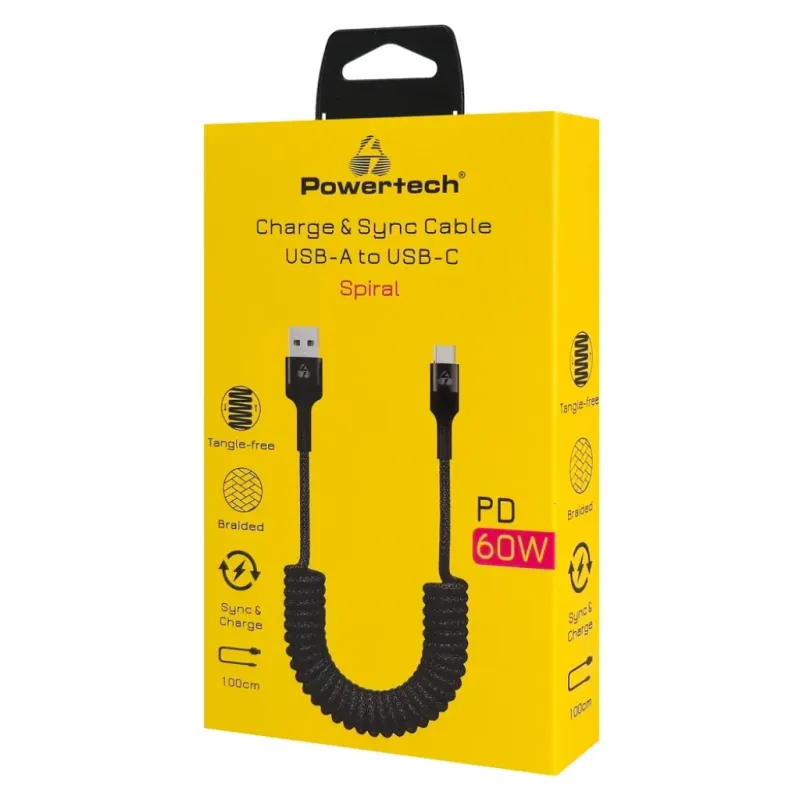 Καλώδιο USB-A σε USB-C Σπιράλ 60W 480Mbps 1m Μαύρο Powertech PTR-0197 Καλώδιο USB-A σε USB-C Σπιράλ 60W 480Mbps 1m Μαύρο Powertech PTR-0197