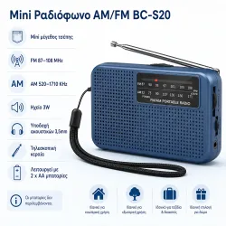 Mini Ραδιόφωνο AM/FM Τσέπης Με Τηλεσκοπική Κεραία 3.5mm Μπλε BC-S20