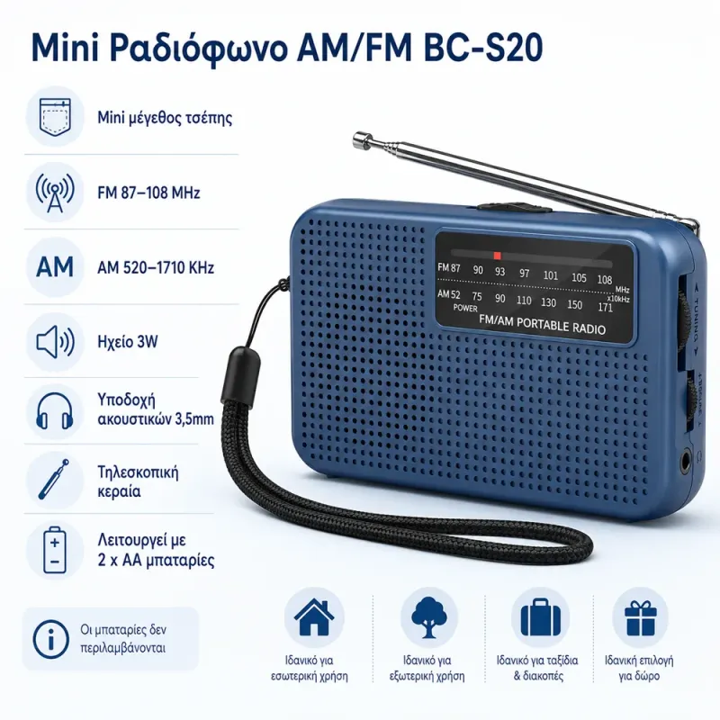 Mini Ραδιόφωνο AM/FM Τσέπης Με Τηλεσκοπική Κεραία 3.5mm Μπλε BC-S20