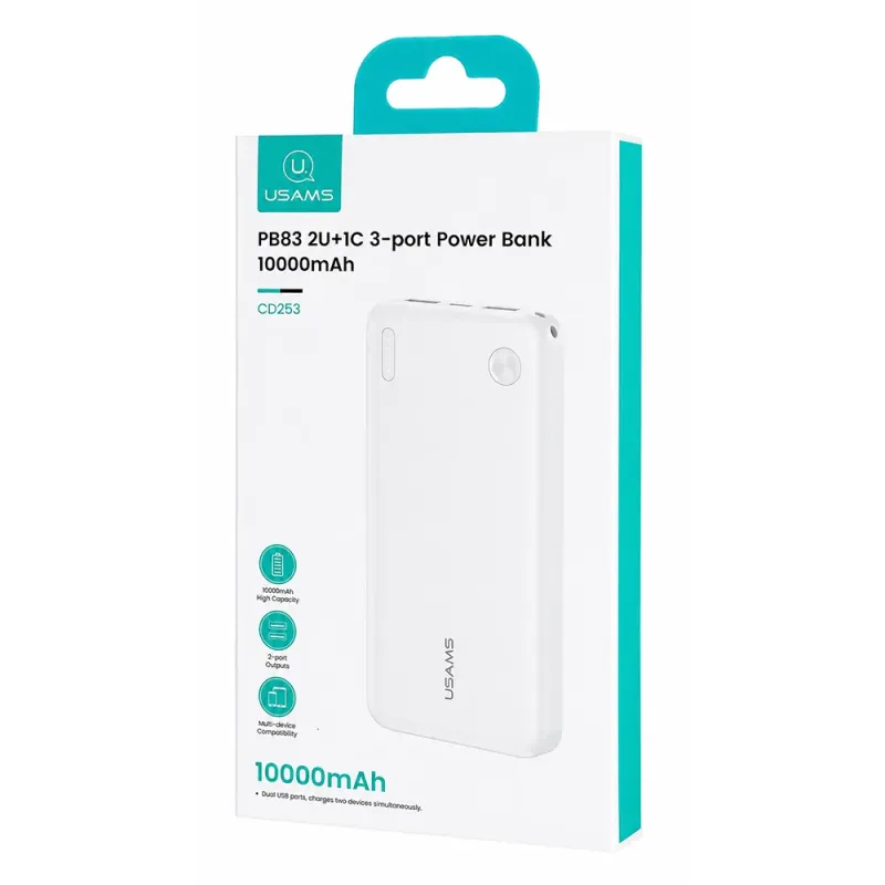 Power Bank 10000mAh 10W Με 2 Θύρες USB Λευκό Usams CD253