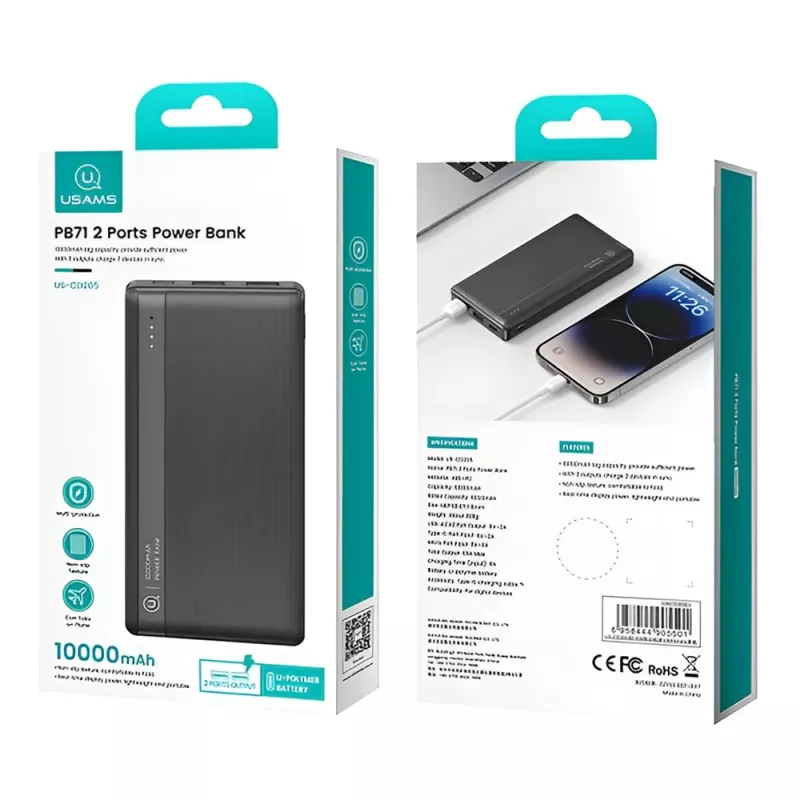 Power Bank 10000mAh 10W Με 2x USB Μαύρο Φορητός Φορτιστής USAMS US-CD205