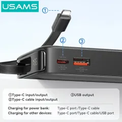 Power Bank 10000mAh 20W Ενσωματωμένο Lightning USB-C Μαύρο USAMS CD225 Power Bank 10000mAh 20W Ενσωματωμένο Lightning USB-C Μαύρο USAMS CD225