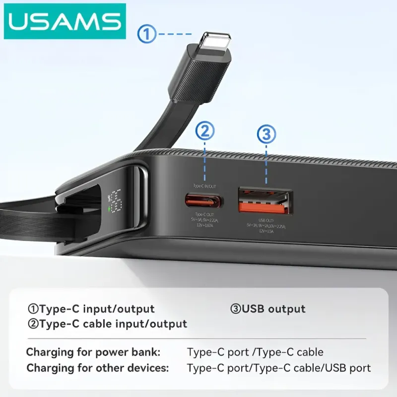 Power Bank 10000mAh 20W Ενσωματωμένο Lightning USB-C Μαύρο USAMS CD225 Power Bank 10000mAh 20W Ενσωματωμένο Lightning USB-C Μαύρο USAMS CD225