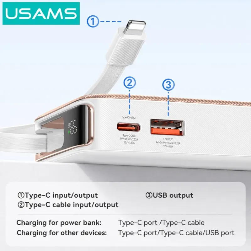 Power Bank 10000mAh 20W Με Ενσωματωμένο Lightning USB-C Λευκό USAMS CD225 Power Bank 10000mAh 20W Με Ενσωματωμένο Lightning USB-C Λευκό USAMS CD225