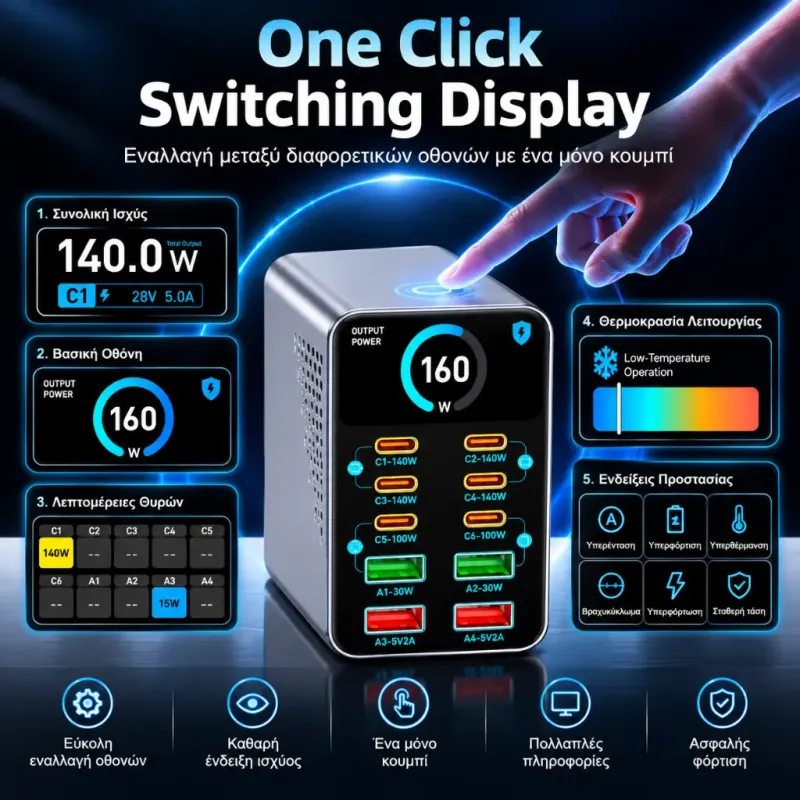 Σταθμός Φόρτισης 10 Θυρών USB-C Και USB-A GaN3 165W PD 140W Γκρι Powertech PT-1687 Σταθμός Φόρτισης 10 Θυρών USB-C Και USB-A GaN3 165W PD 140W Γκρι Powertech PT-1687