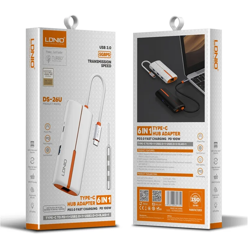 USB Hub 6 Θυρών Με Θύρα Δικτύου & USB-C 100W PD Λευκό LDNIO DS-26U USB Hub 6 Θυρών Με Θύρα Δικτύου & USB-C 100W PD Λευκό LDNIO DS-26U